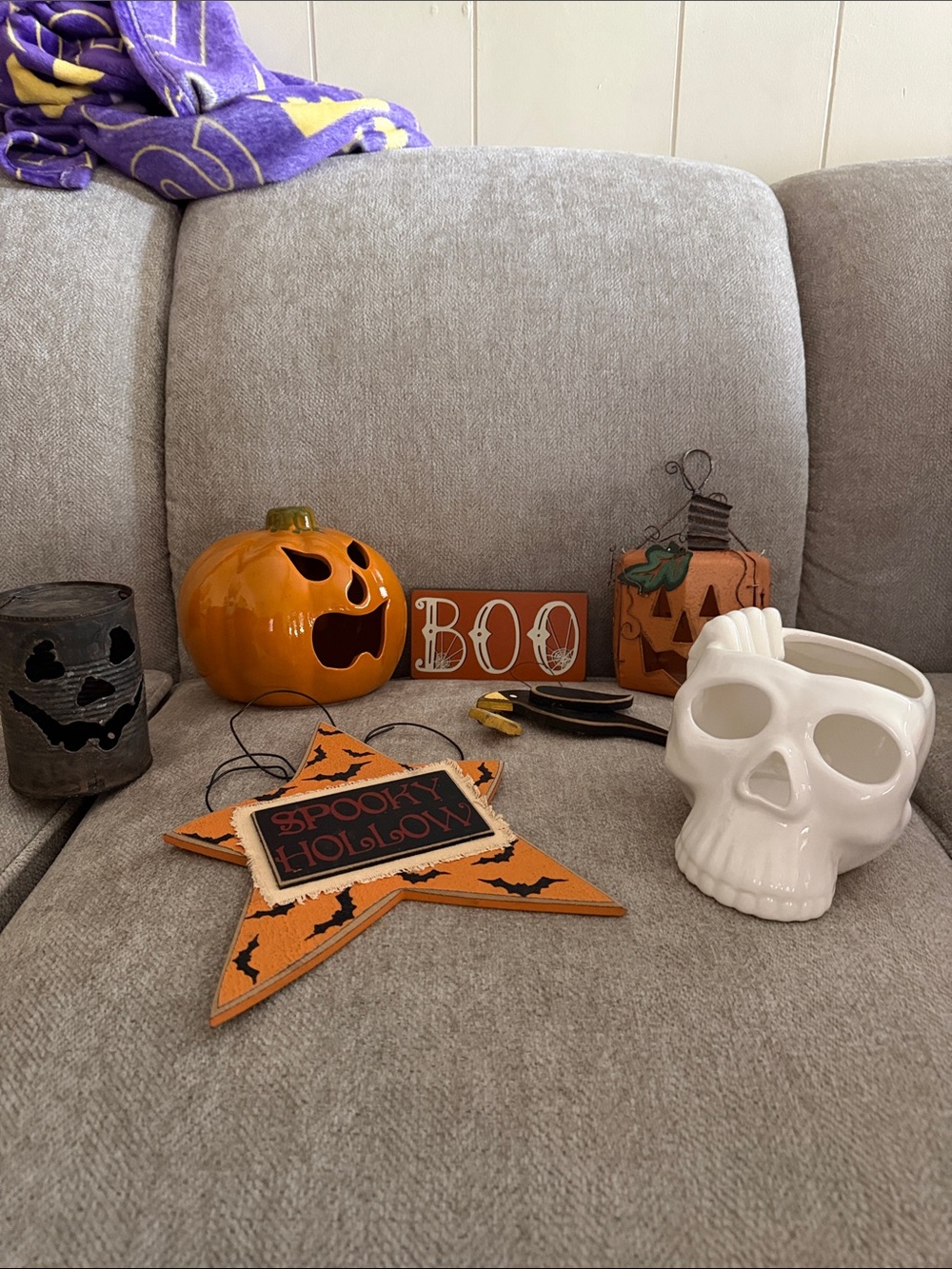 Halloween Ceramic Skull and Pumpkin Home Accents - White Skull & Orange Pumpkin